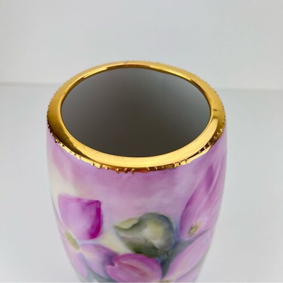 International Porcelain Art Teachers Hand Painted Pink Flowers Floral Vase - Picture 8 of 12